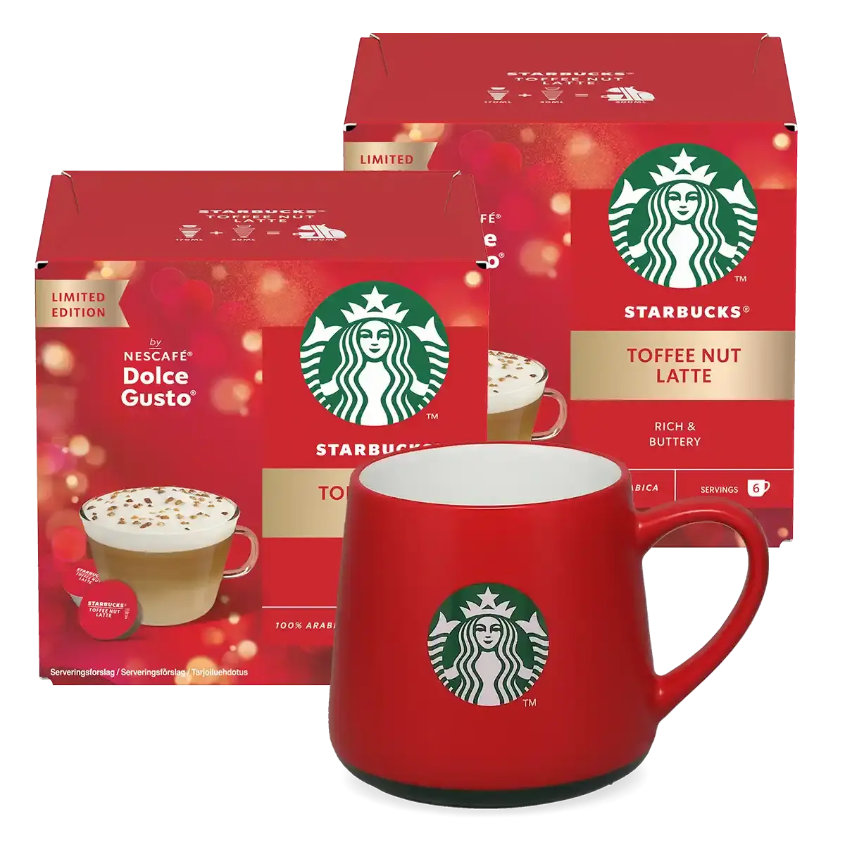 Toffee Nut Latte + röd mugg-paket